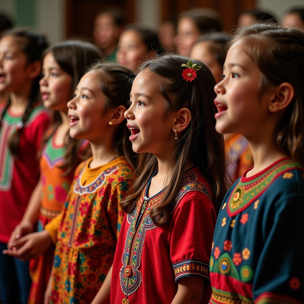 Children in colorful attire sing in unison