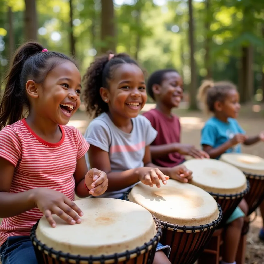 Children playing djembe drums