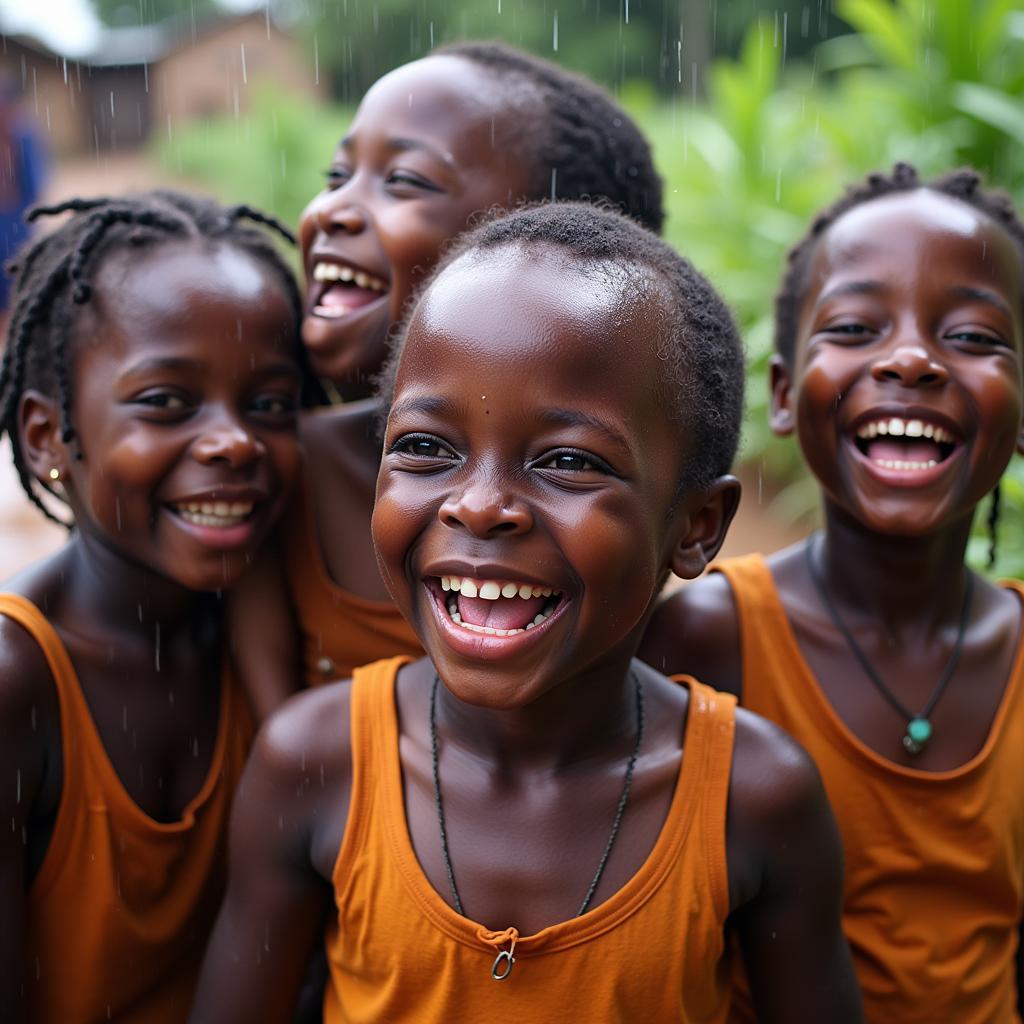 Children laughing and playing in the rain