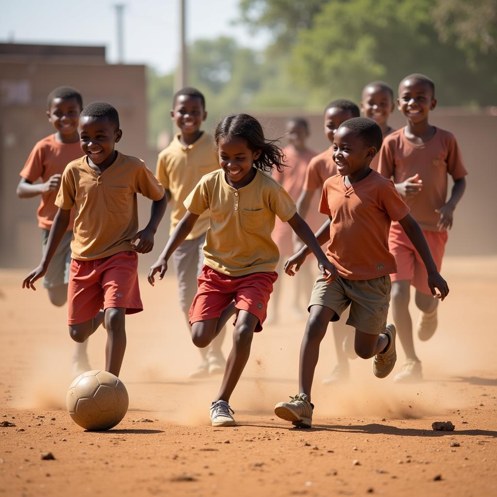 African children playing soccer in a dusty field