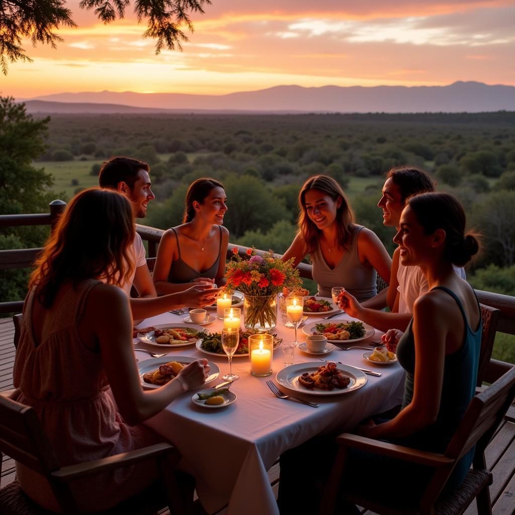 Tourists enjoying a meal with a view of the savanna