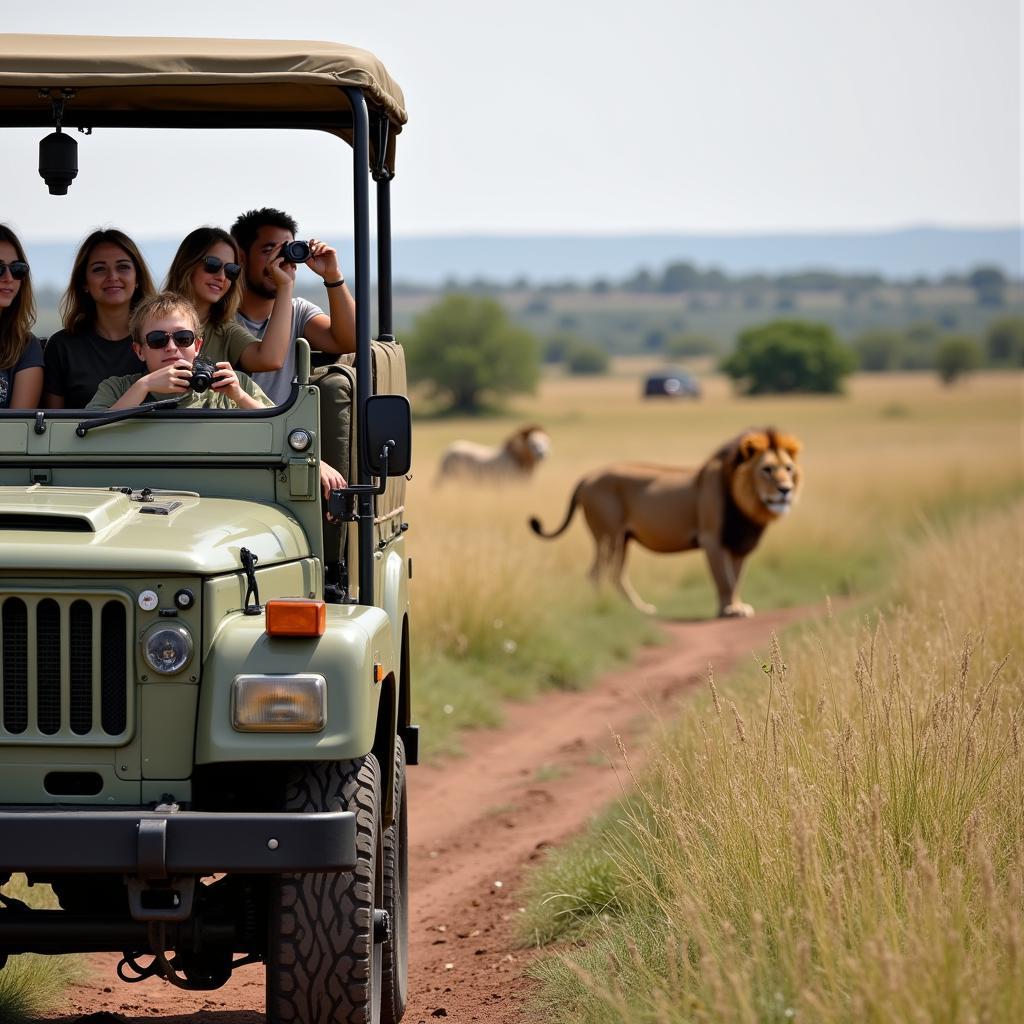 Safari jeep with tourists near a pride of lions