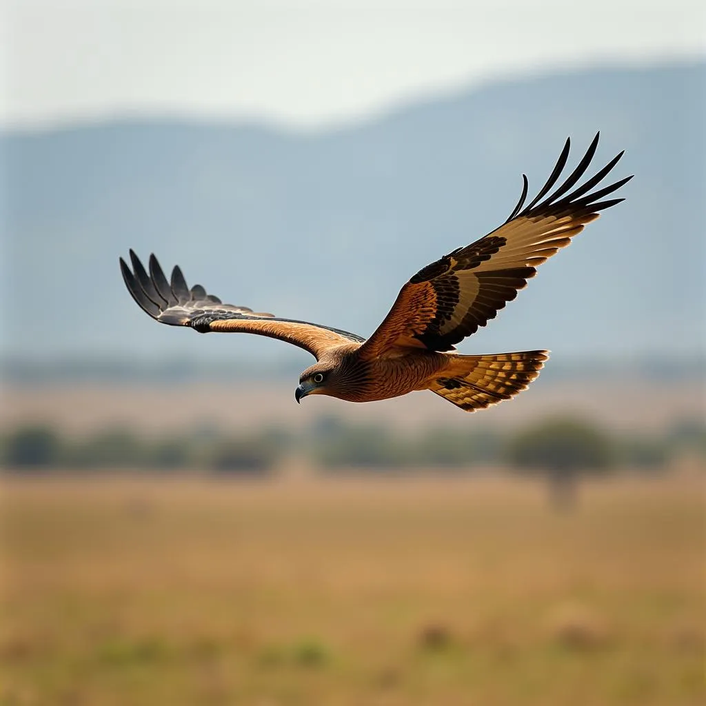 African Kite Bird Soaring Above a Savanna Landscape