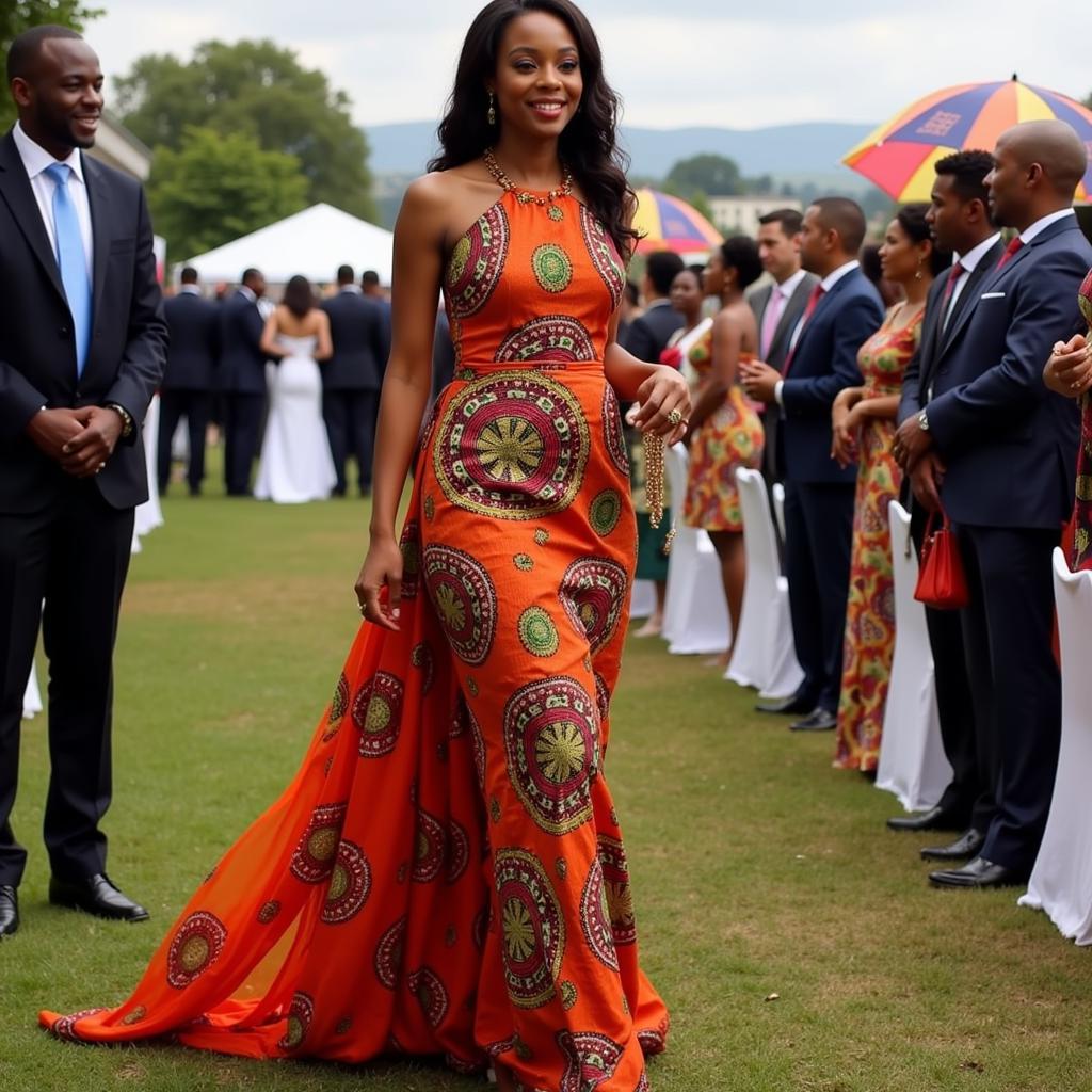 Guest Dressed in an Elegant African Kitenge Dress with Chiffon at a Wedding