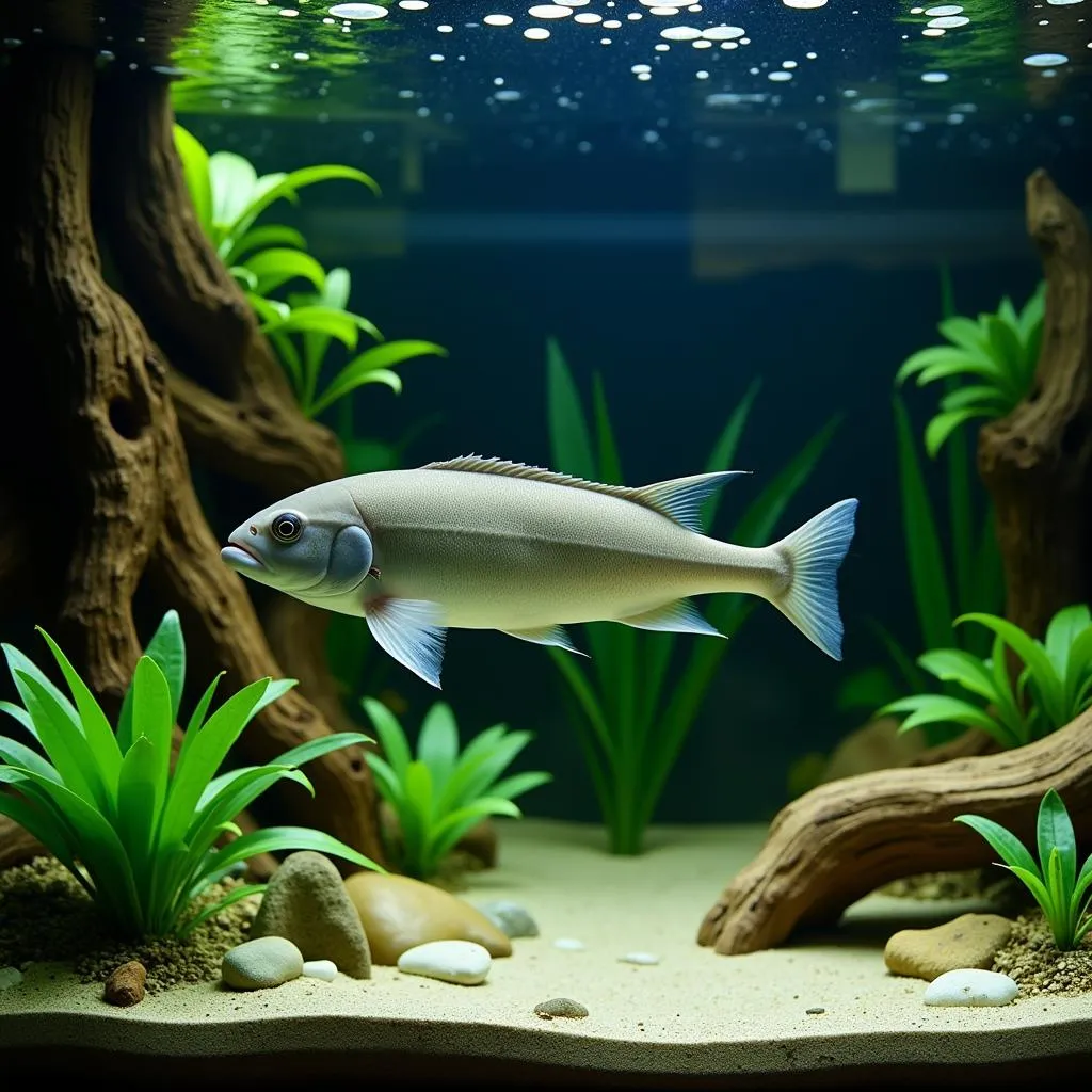 African knife fish in a well-planted aquarium with caves and driftwood.