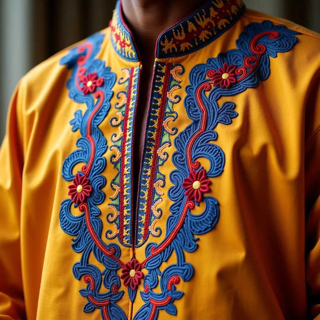 Close-up of intricate embroidery on an African kurta pajama