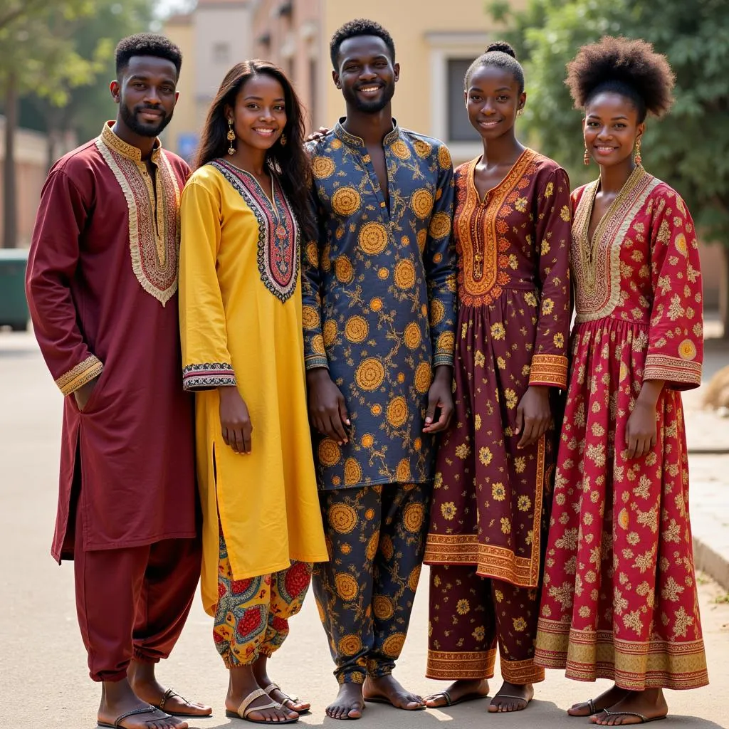 Men and women in colorful African kurta pajamas