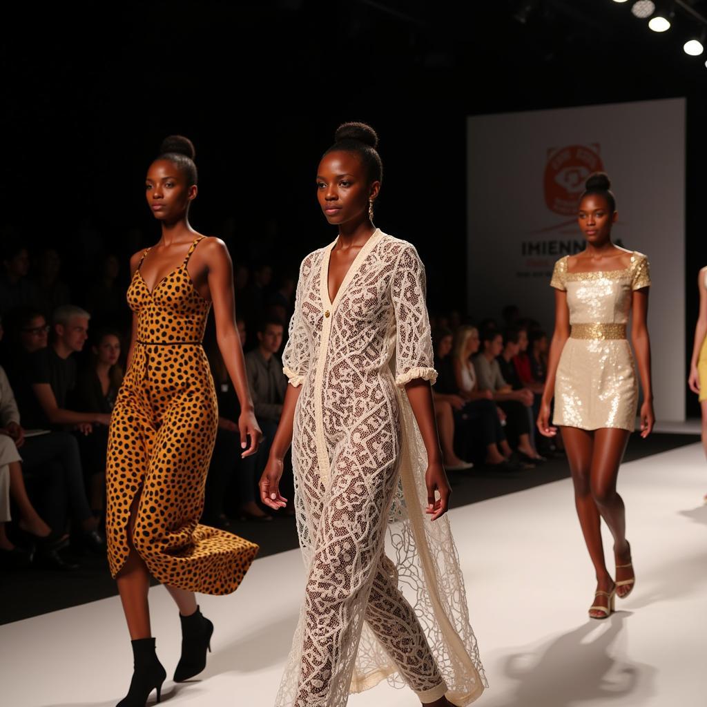 Models strutting down the runway in African lace creations