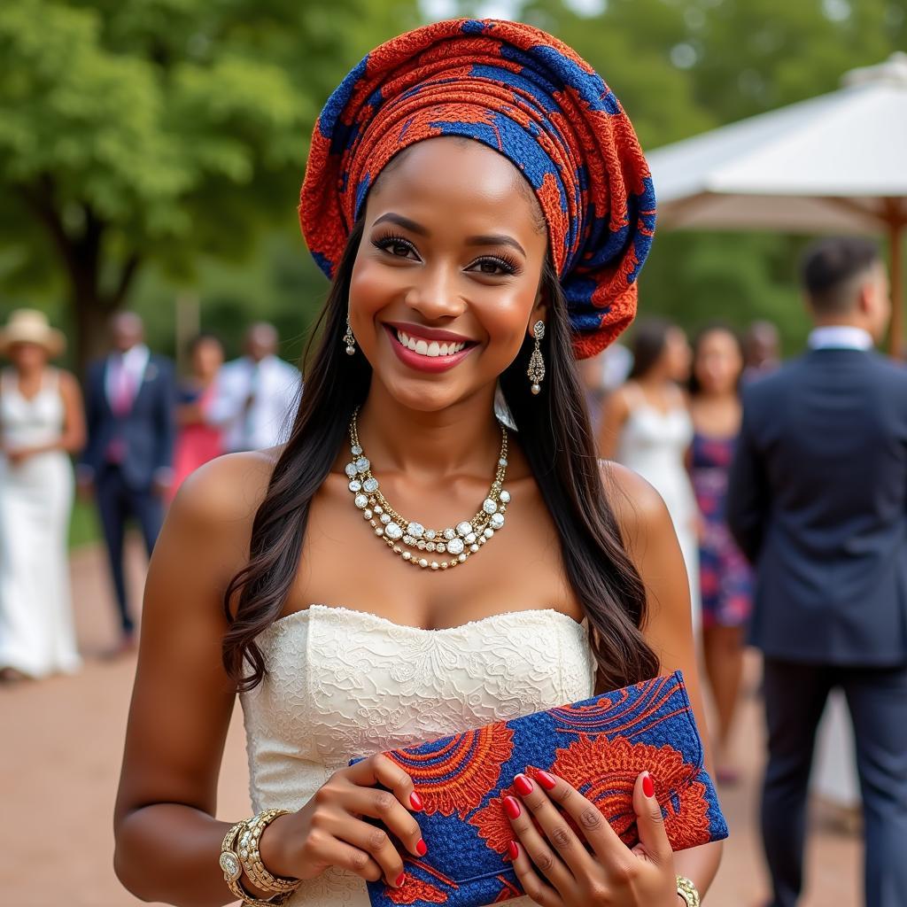 Wedding Guest with African Lace Accessories - Headwrap and Clutch