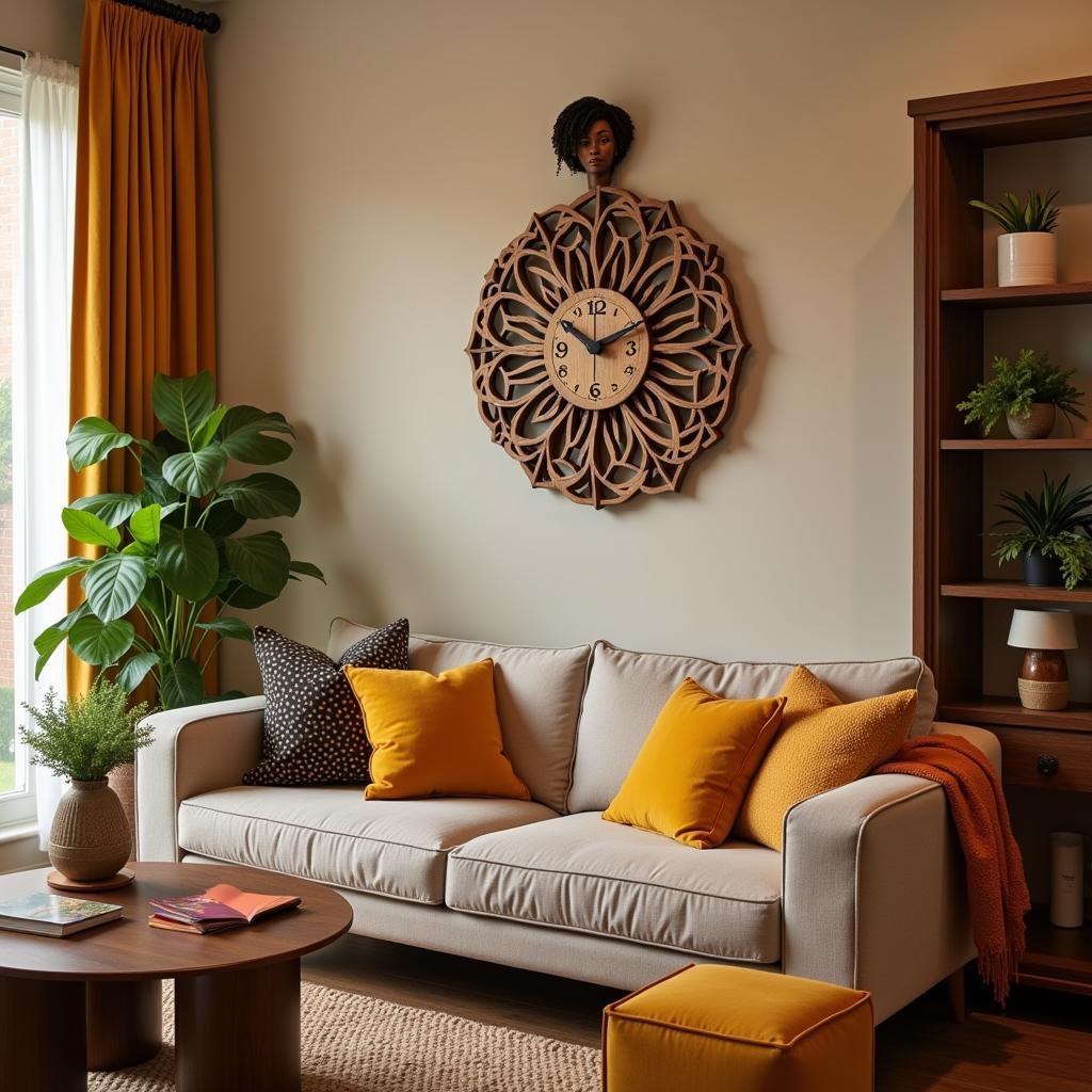 African Lady Wall Clock in Living Room Setting