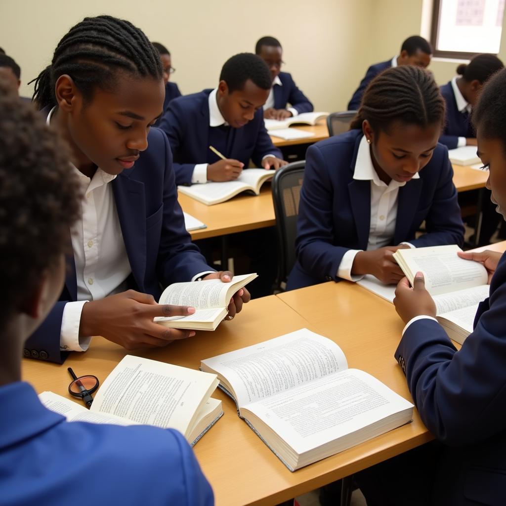 Students using an African language dictionary in a classroom