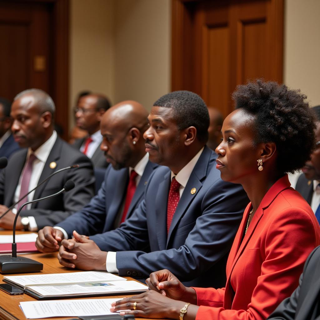  A group of African leaders at a summit, engaged in discussions. 