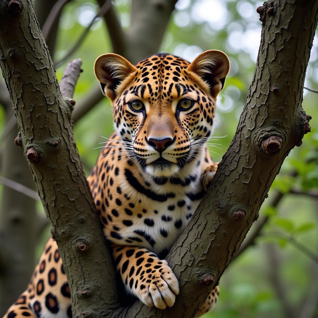 African Leopard Camouflaged in Tree