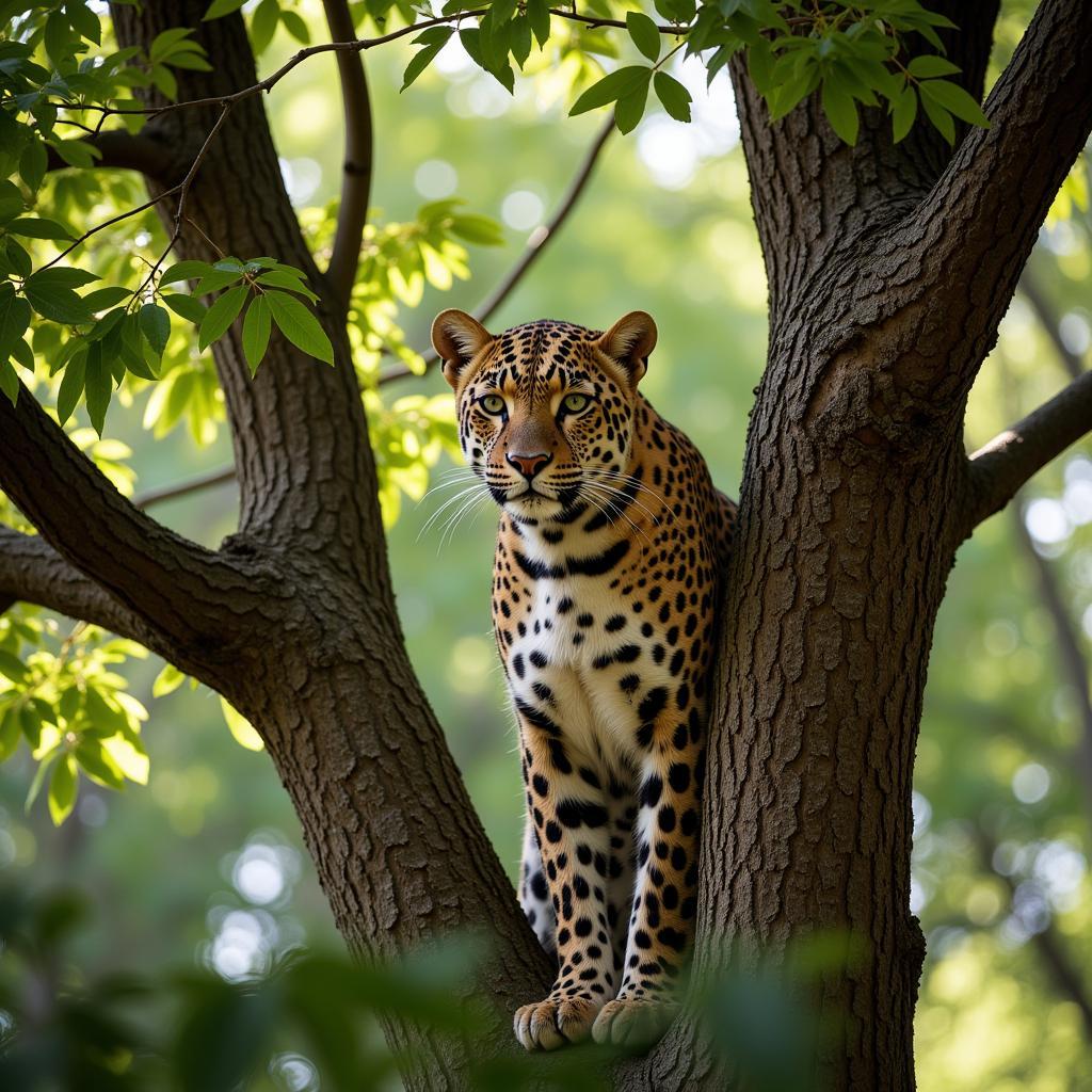 African Leopard Camouflaged in Tree 