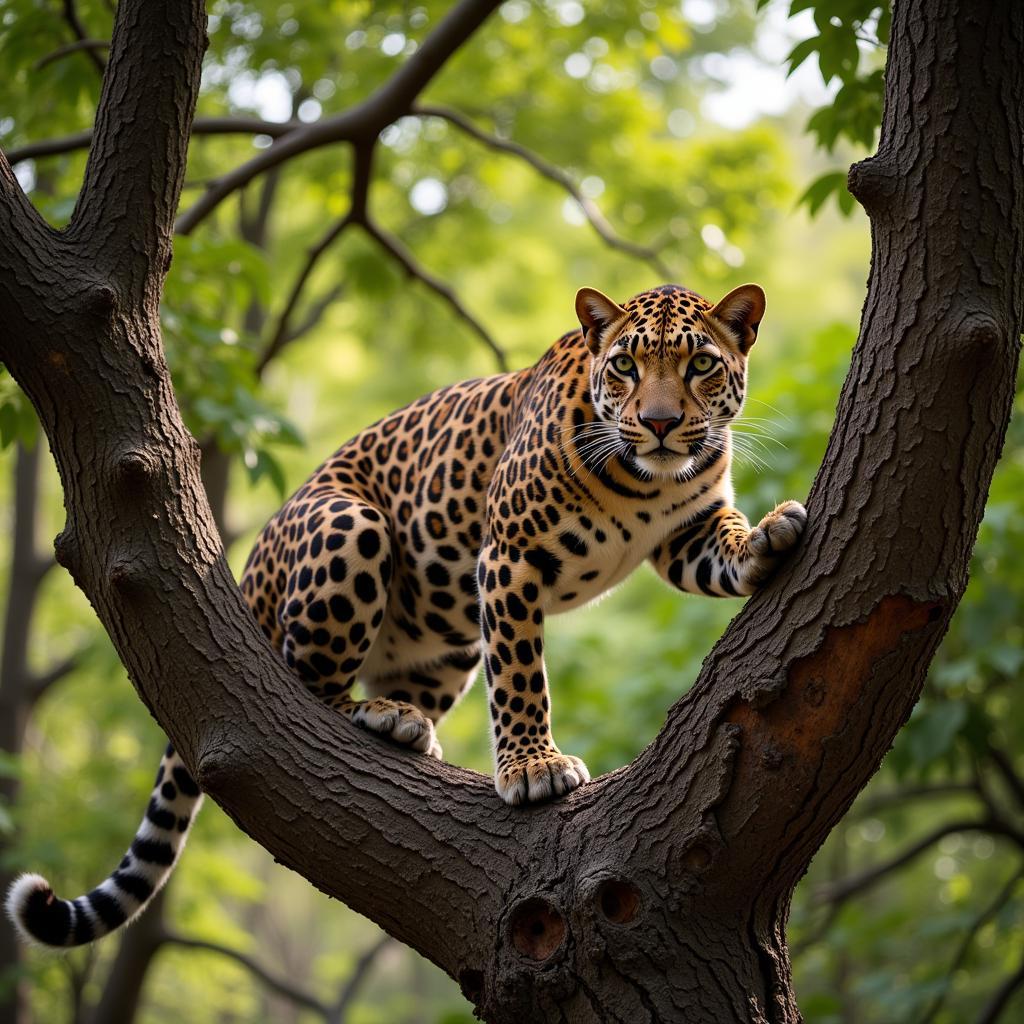 African Leopard Perched on a Tree Branch