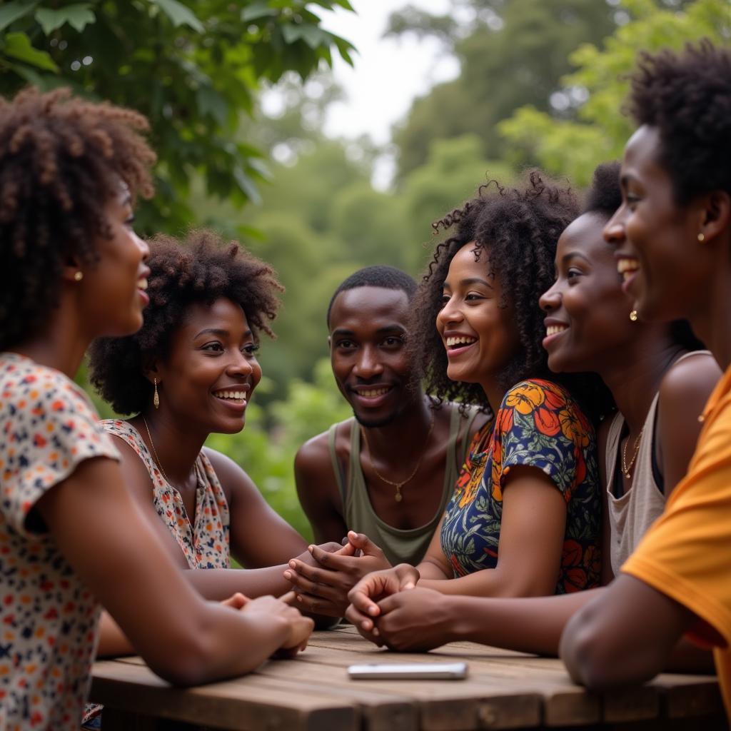 A group of diverse African people sitting in a circle, talking and laughing.