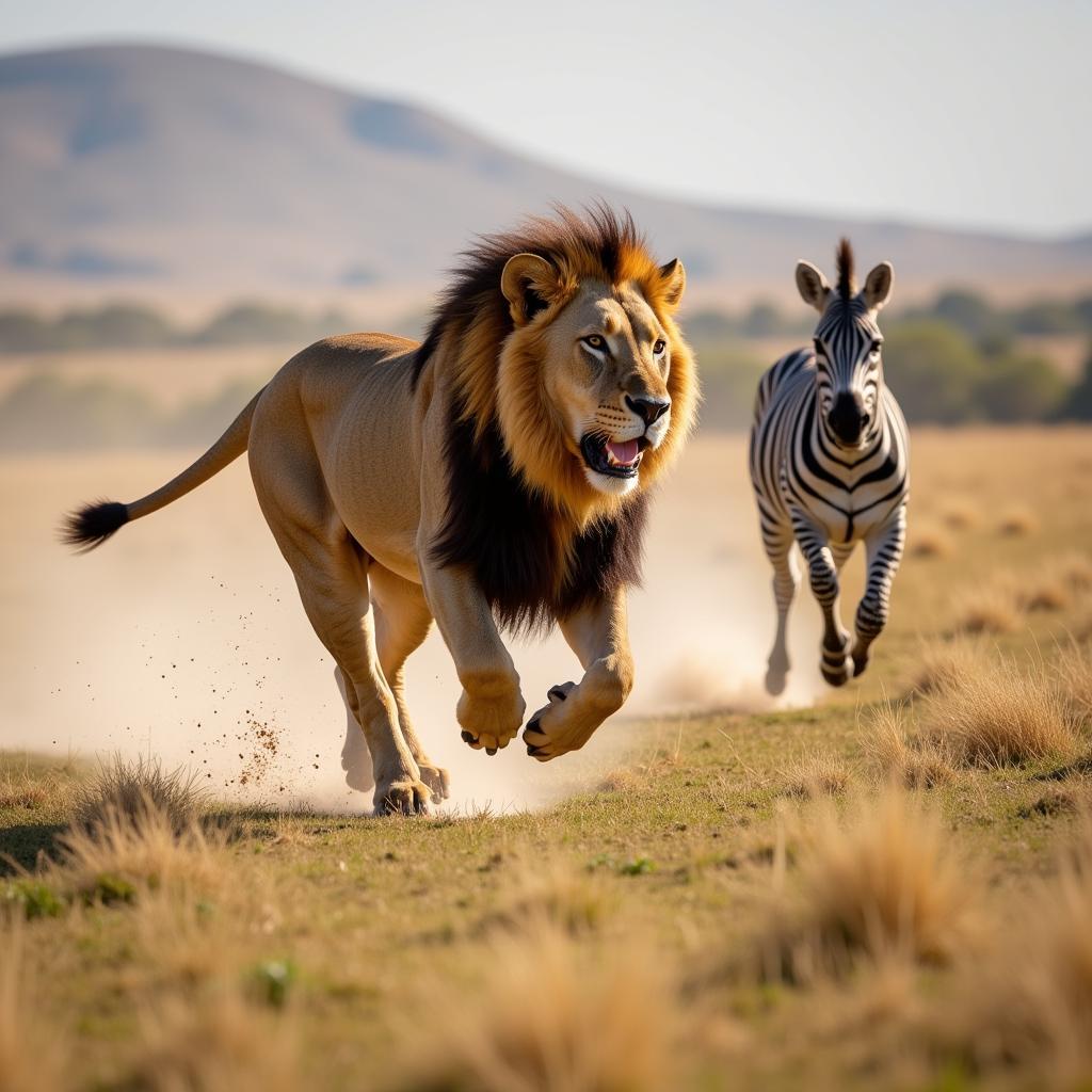 African lion chasing a zebra across the savanna