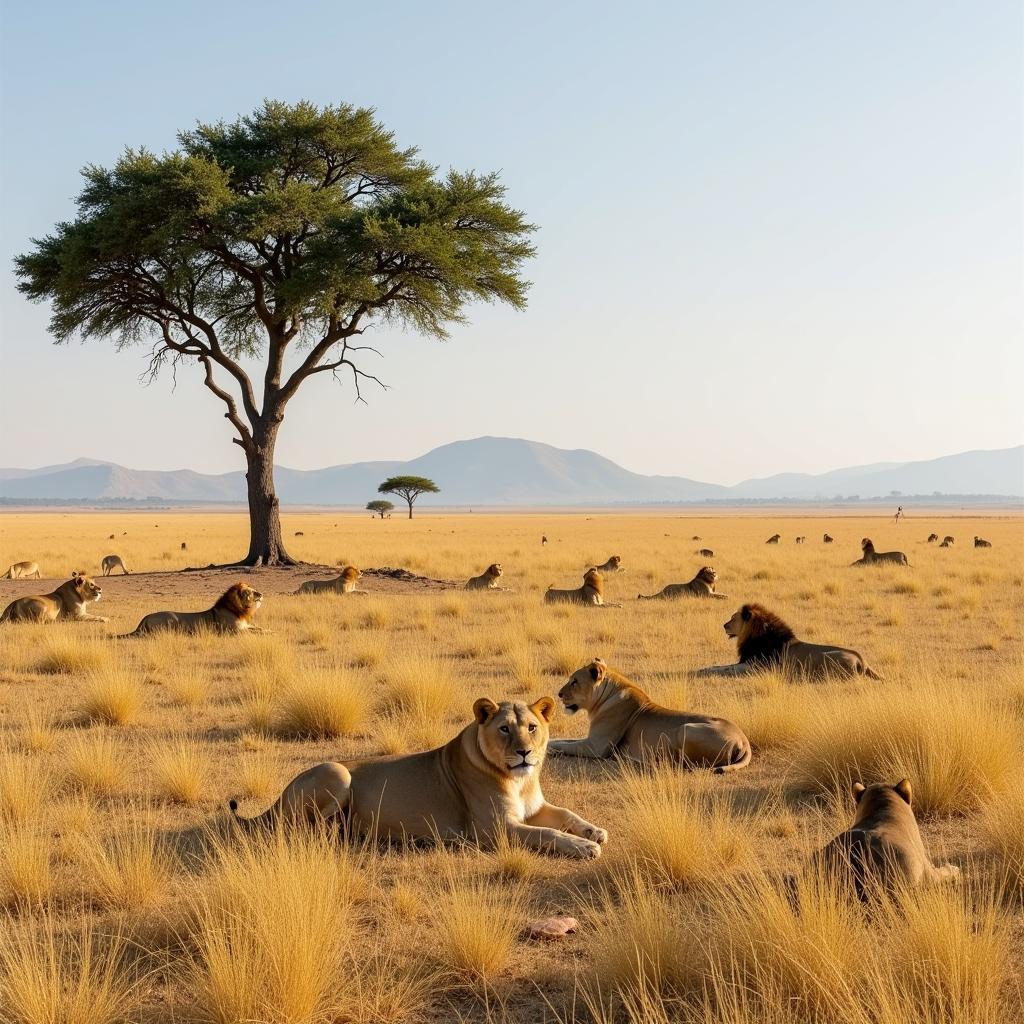 African Lion Pride Resting on Savanna