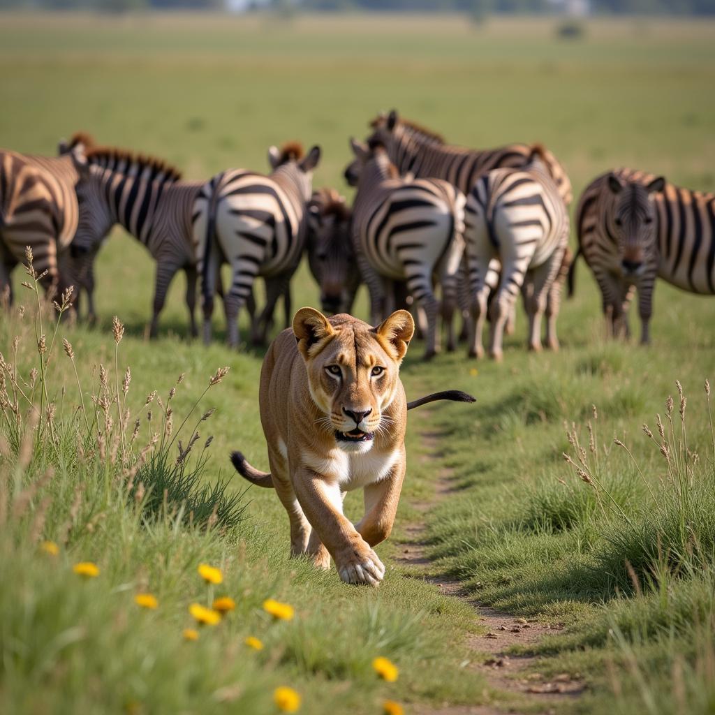 African Lioness Hunting Zebra