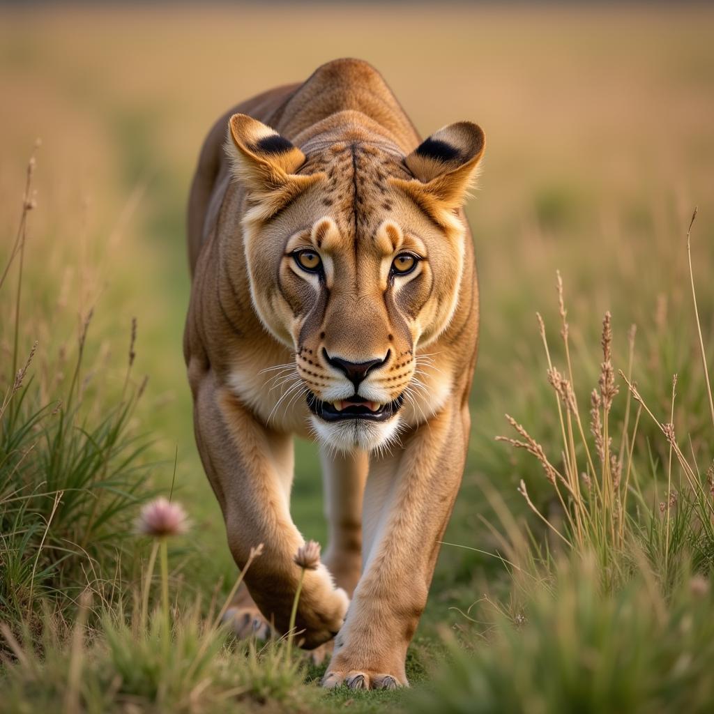 Lioness stalking prey in the Masai Mara