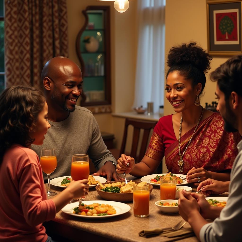 African Man and Indian Woman Having Dinner with Family