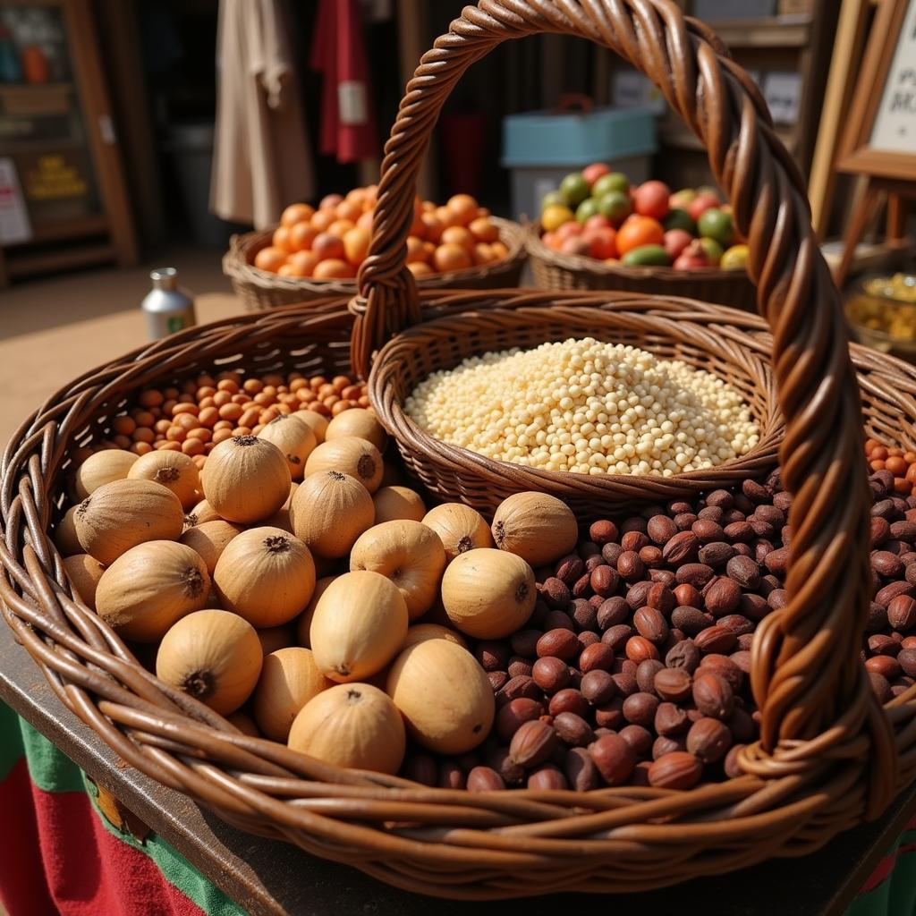 Woven basket filled with diverse nuts and seeds in a bustling African market