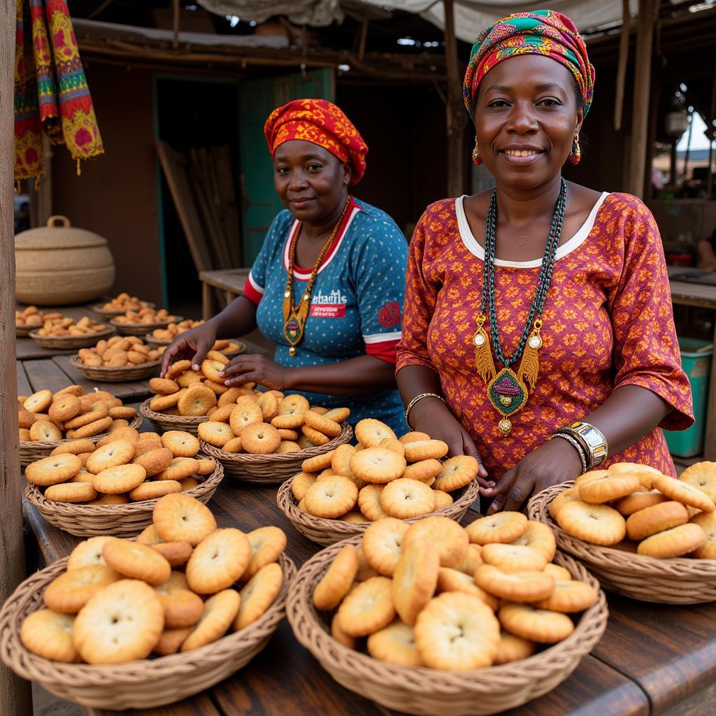 Women selling colorful biscuits in a bustling African market