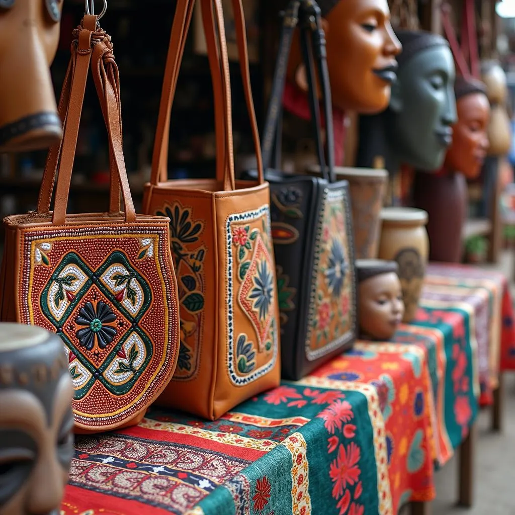 Vibrant display of gameskin crafts in an African market