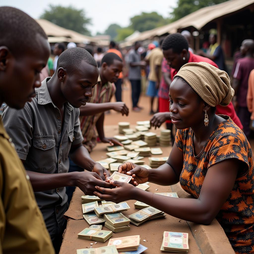 Currency exchange in a bustling African market