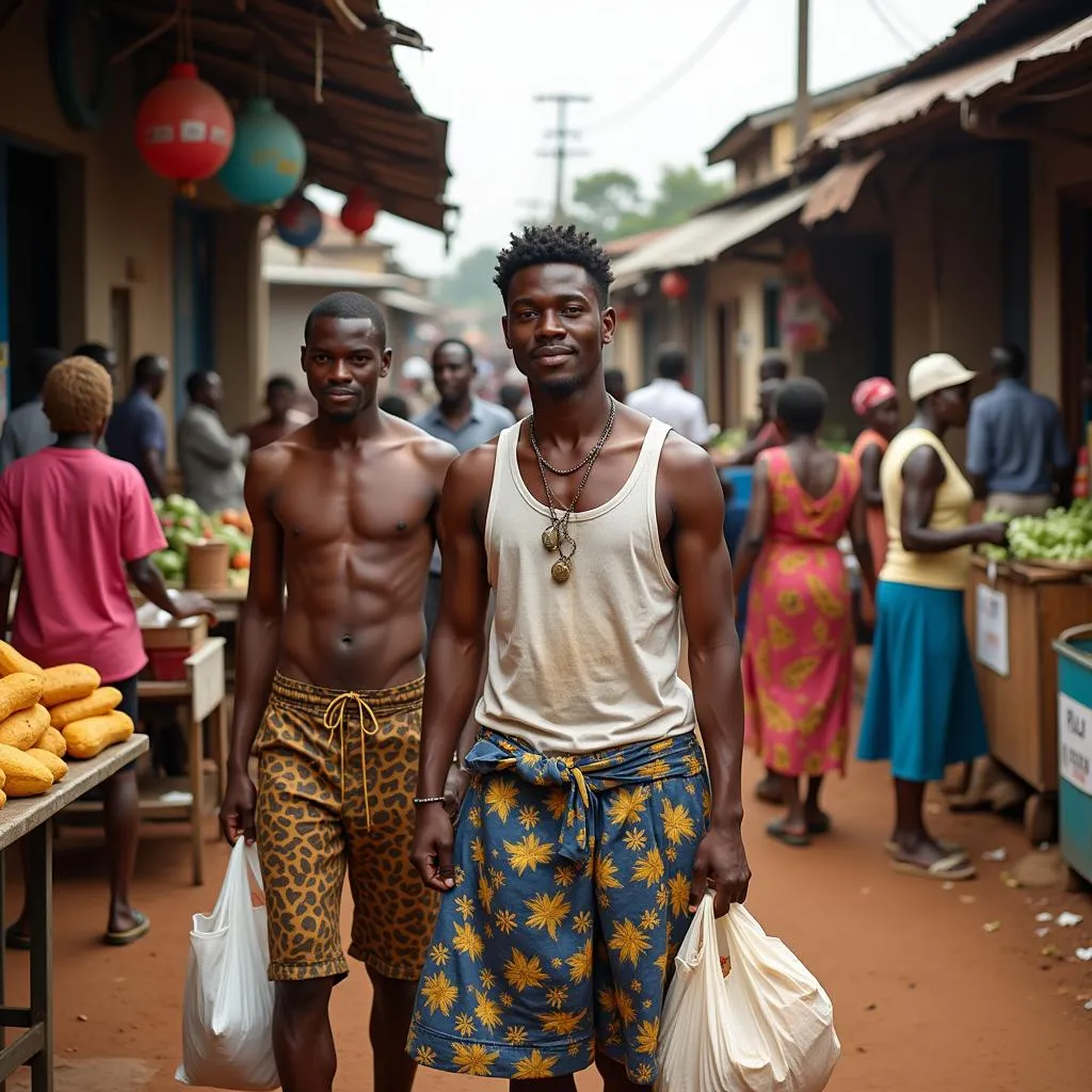 Busy African Market with Baggers in the Foreground