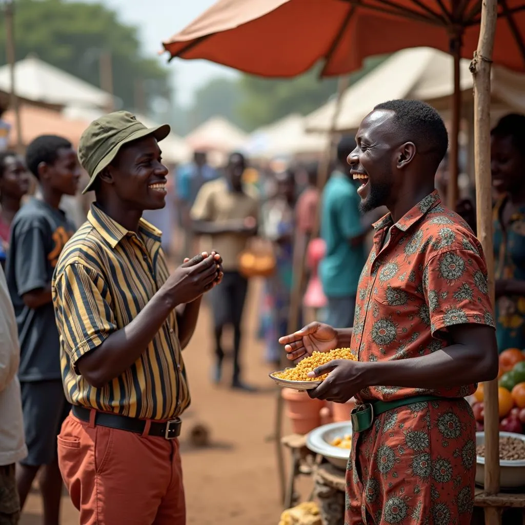 A bustling African market scene with a humorous interaction between a vendor and a customer.