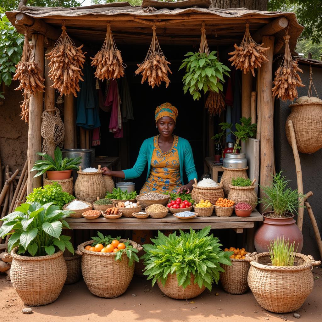 African market with a vendor selling traditional remedies