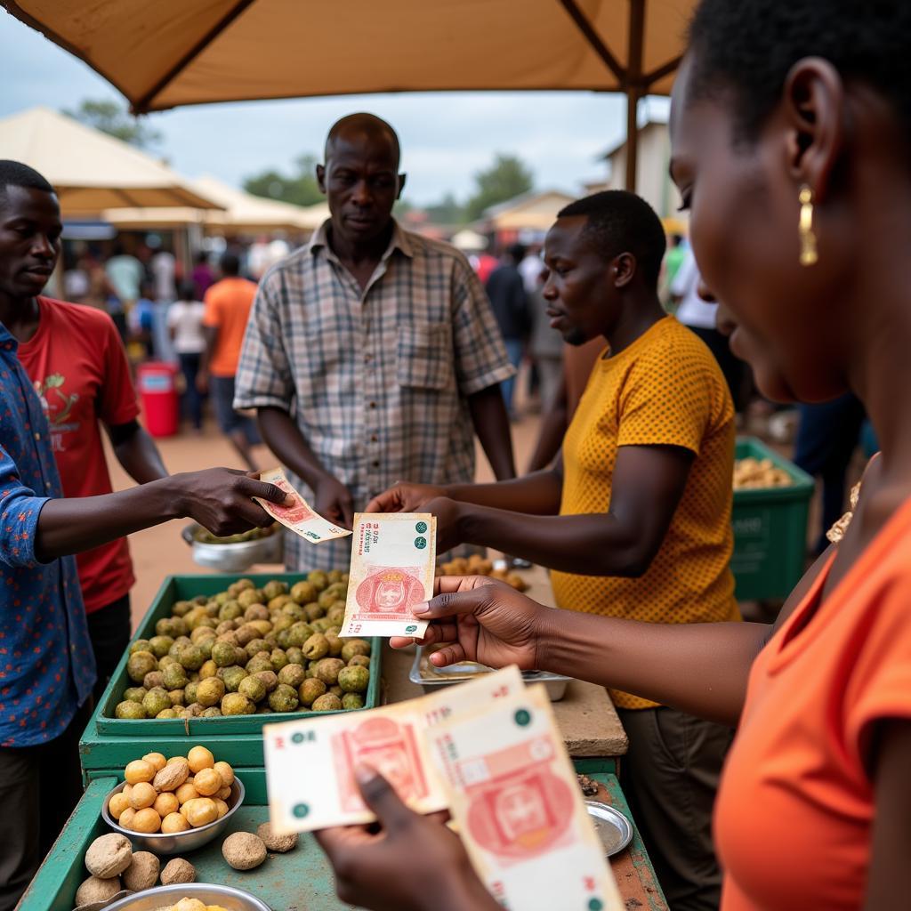 Market vendors interacting with customers using CFA franc banknotes