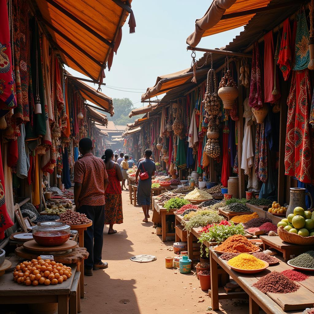 A bustling African market filled with vibrant colors and diverse goods