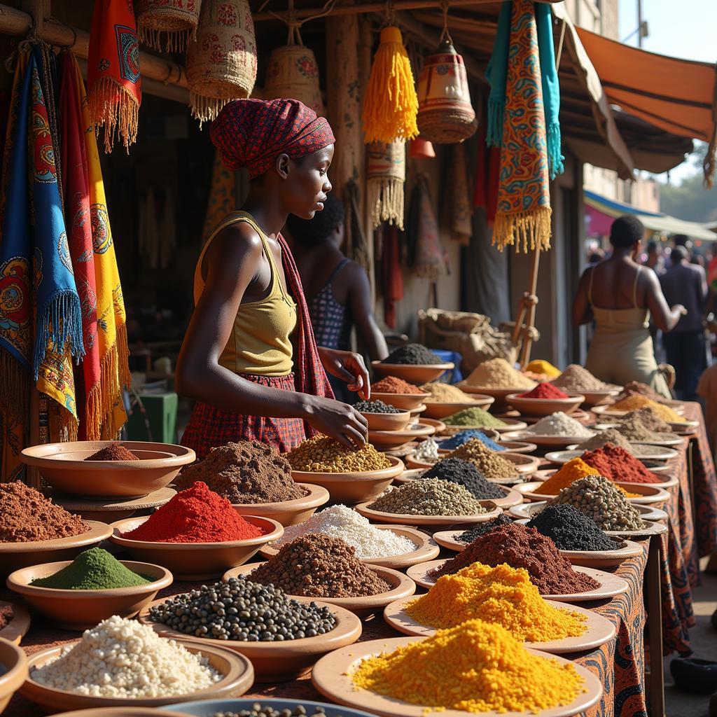 A bustling African market filled with colorful spices and textiles