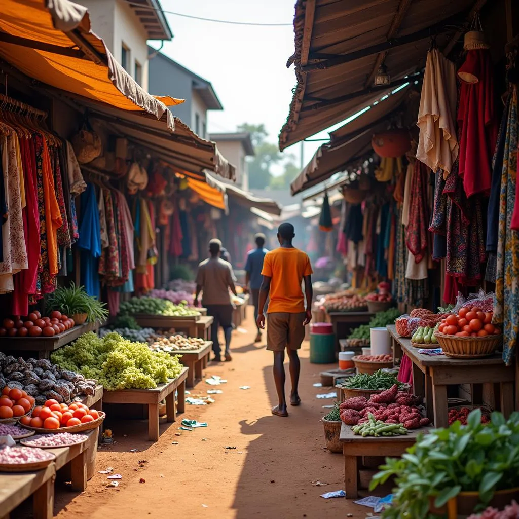 A Bustling African Market with Colorful Fabrics