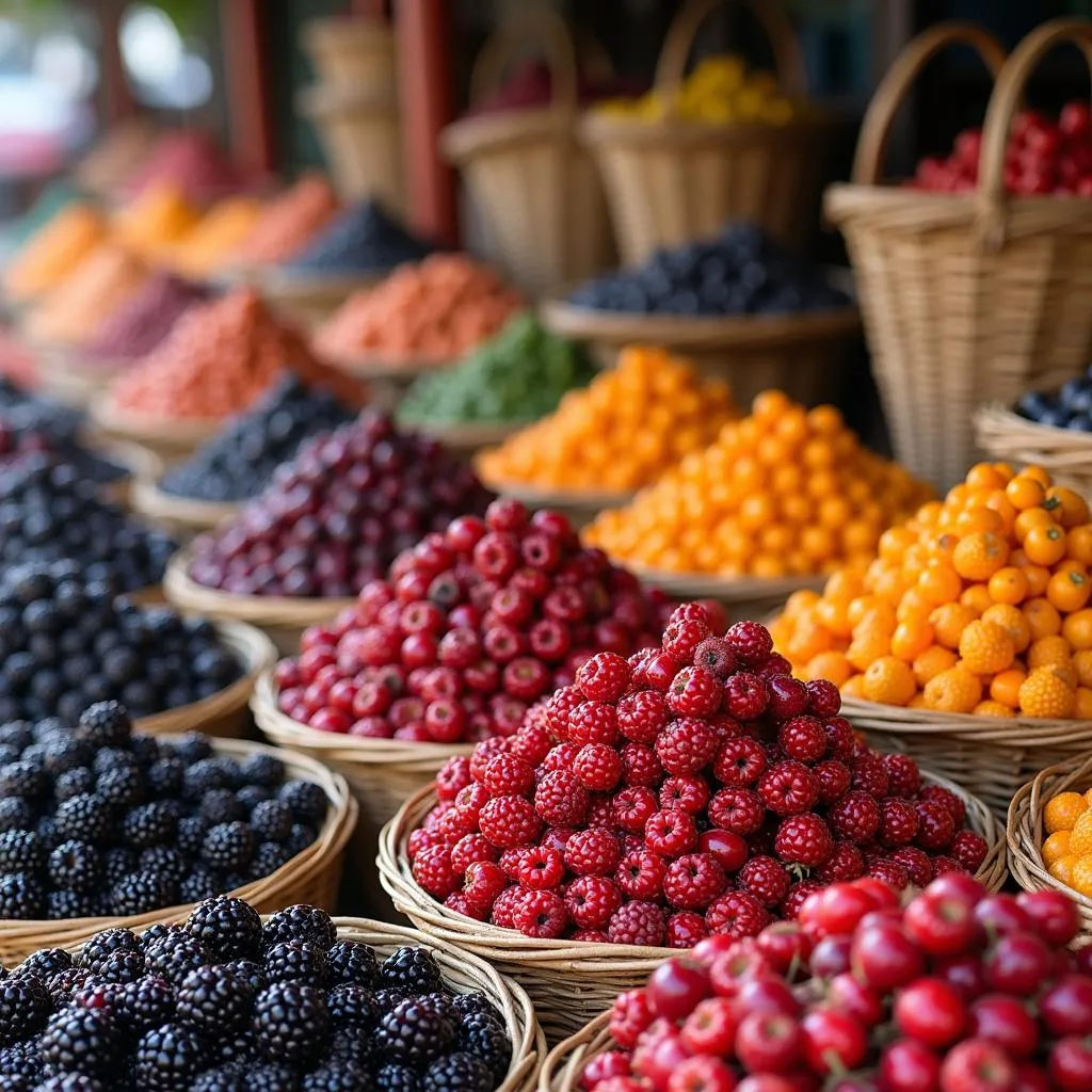 Variety of colorful African berries displayed in a bustling market