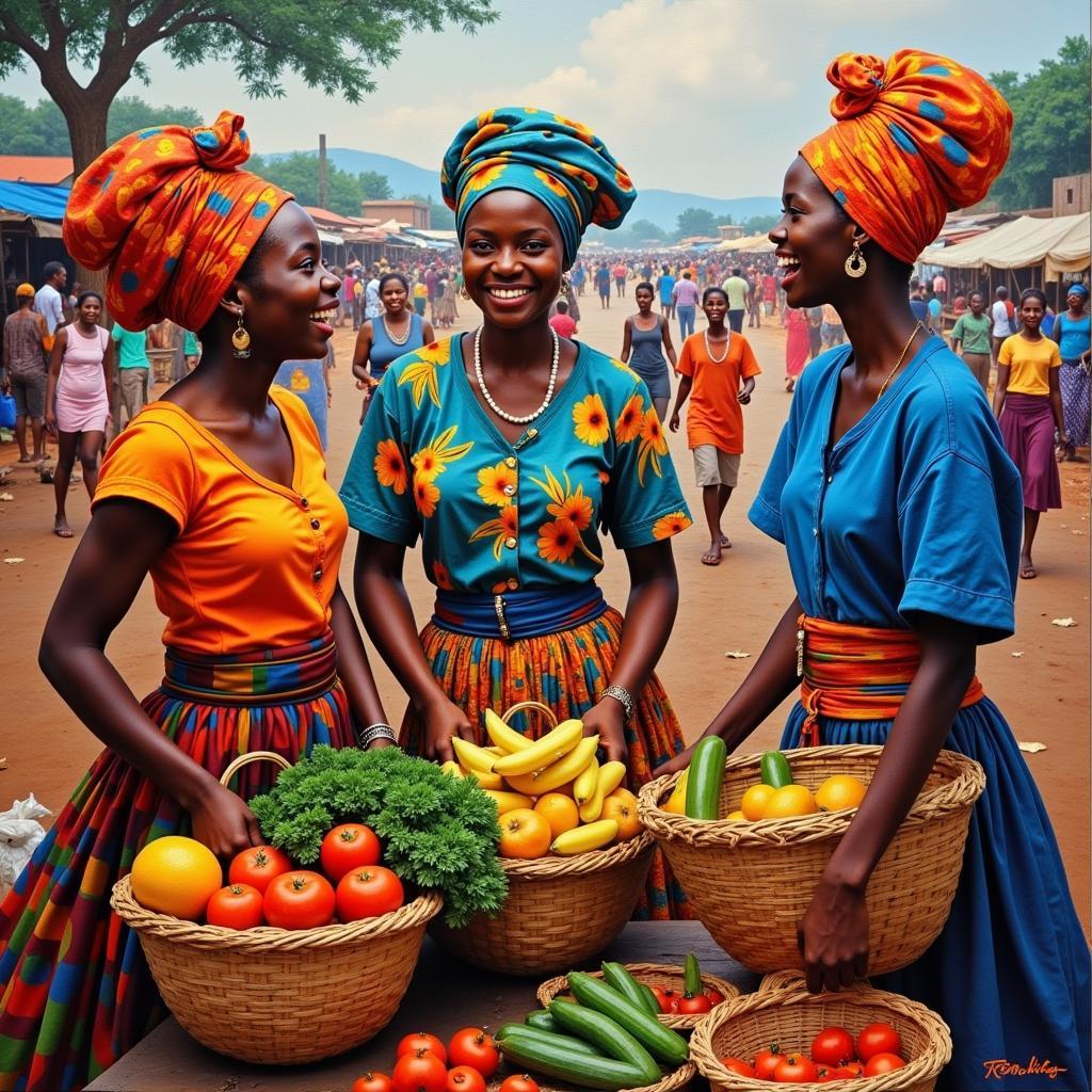 African Market Women Depicted in a Vibrant Canvas Artwork