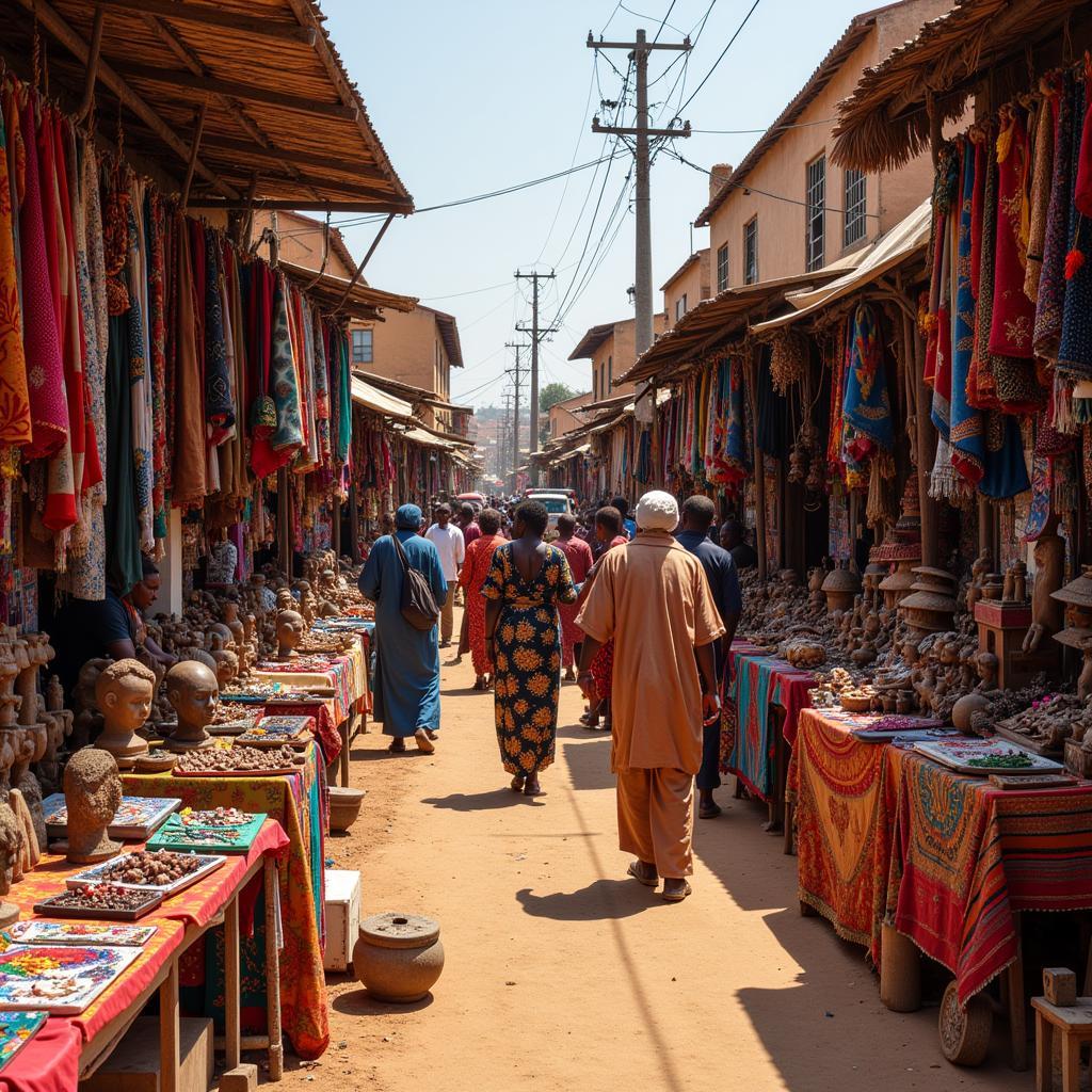 Colorful crafts in an African marketplace