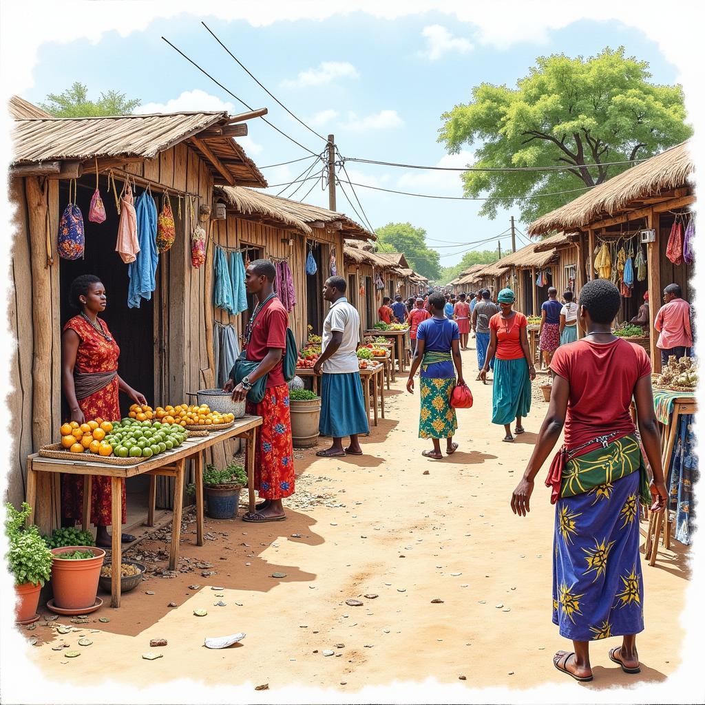 African Marketplace Scene Drawing