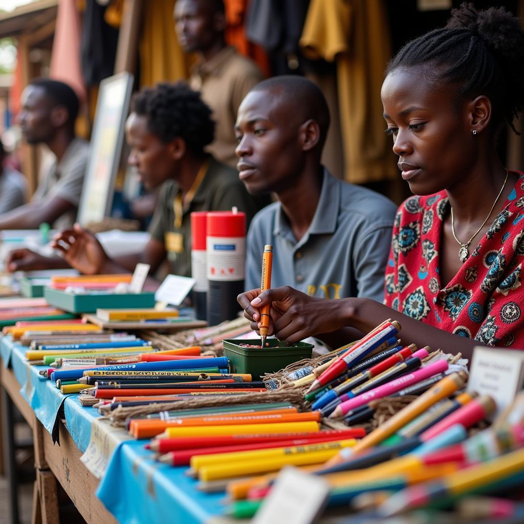 A bustling African marketplace with a stall selling stationery, including Faber-Castell products