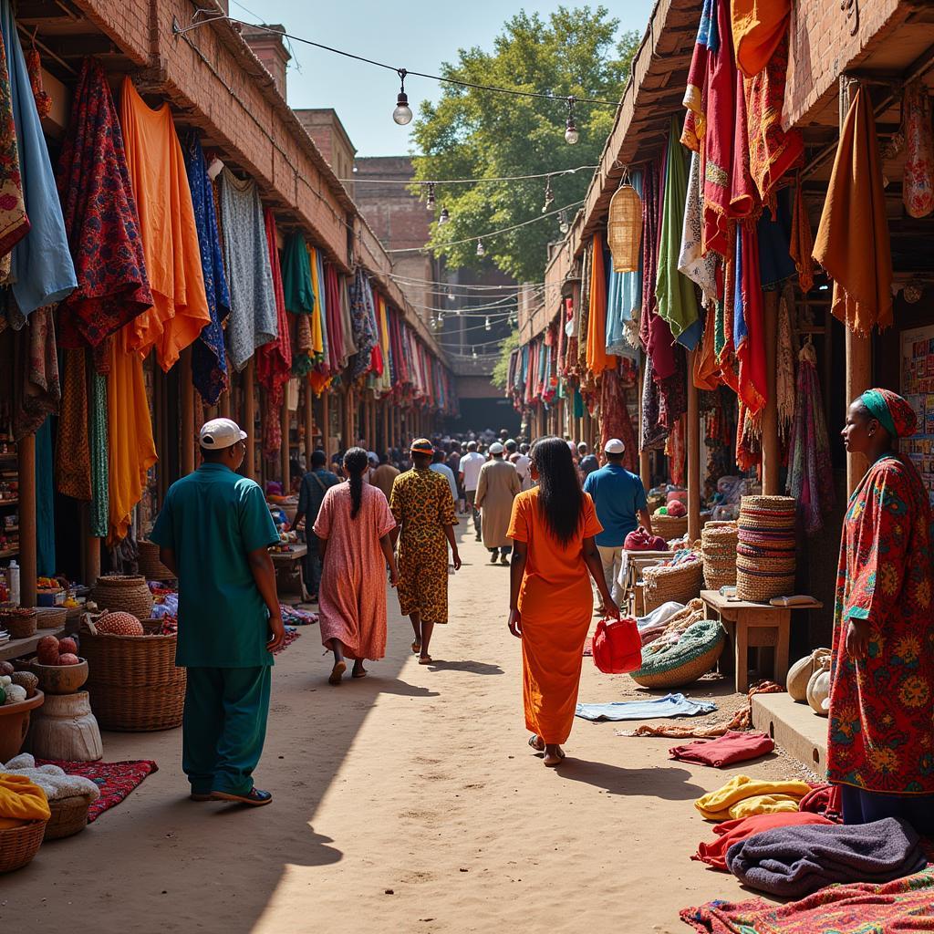 African Marketplace with Vibrant Textiles