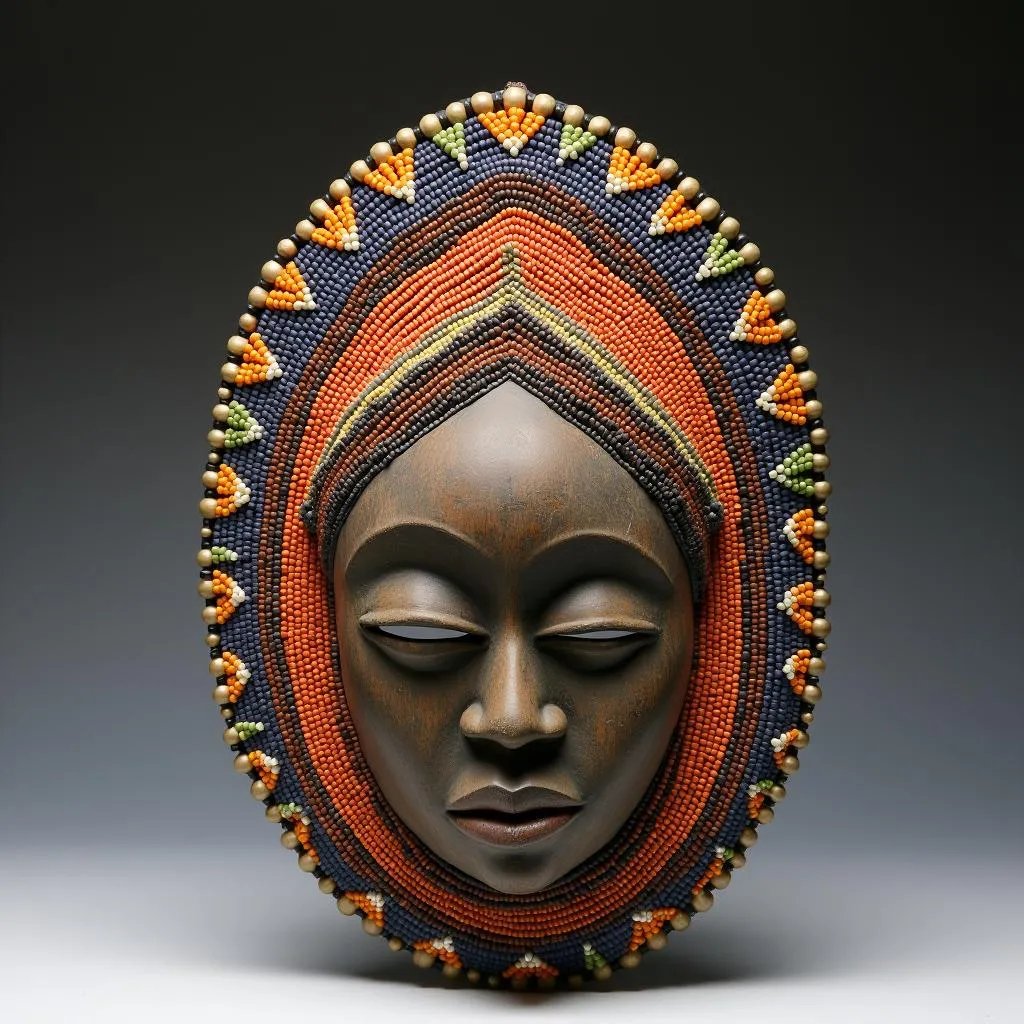 African mask centerpiece with colorful beads and intricate patterns.