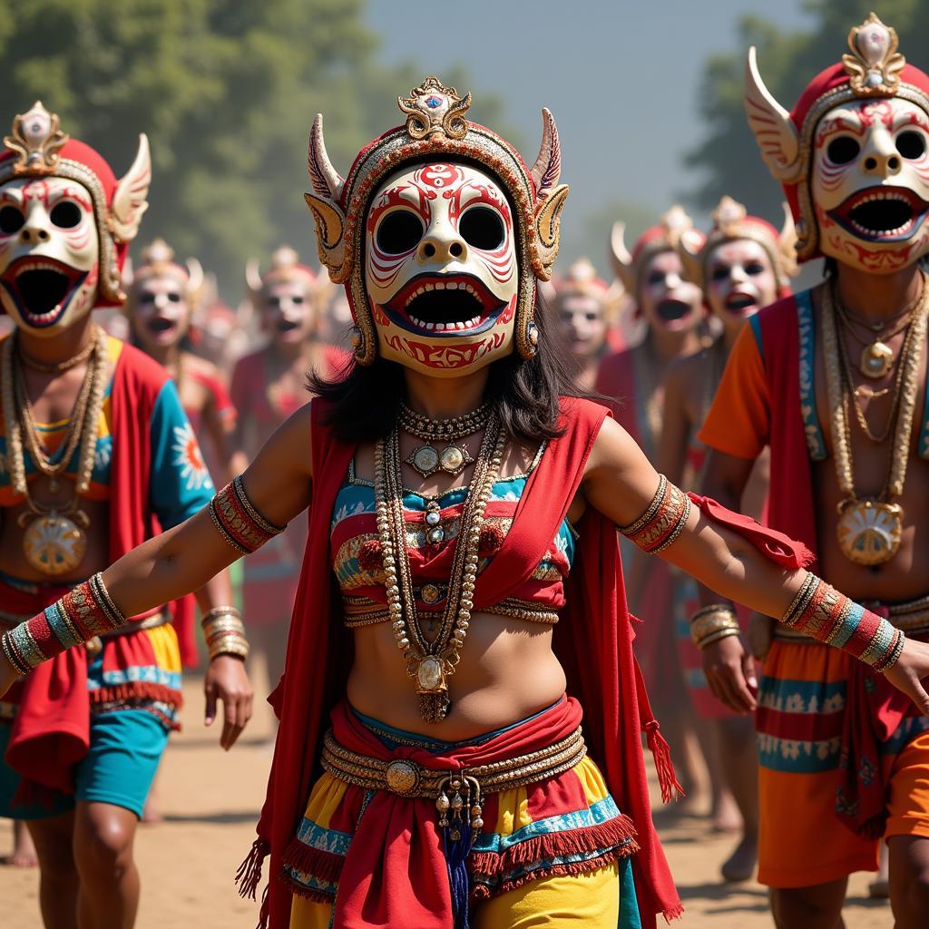 Dancers wearing elaborate African masks during a traditional ceremony