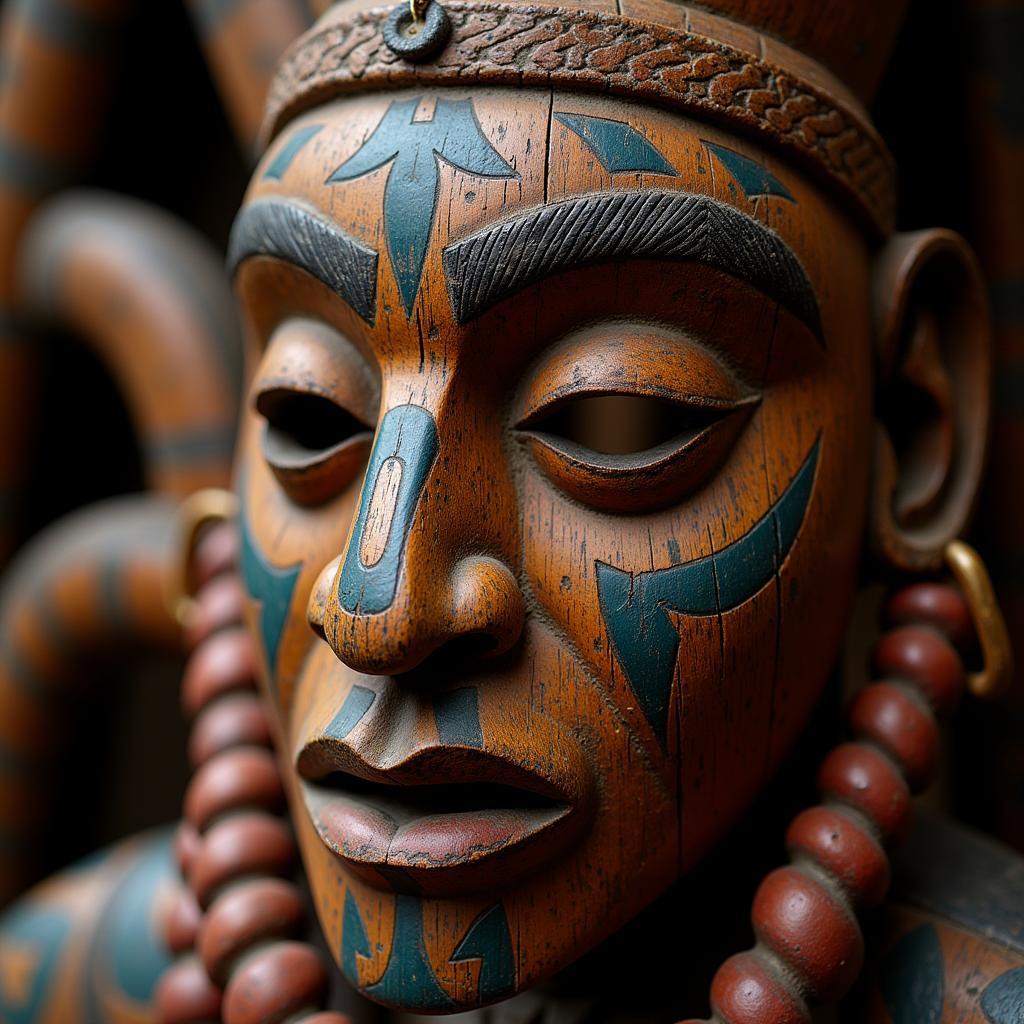 Intricately carved African mask used in traditional ceremonies