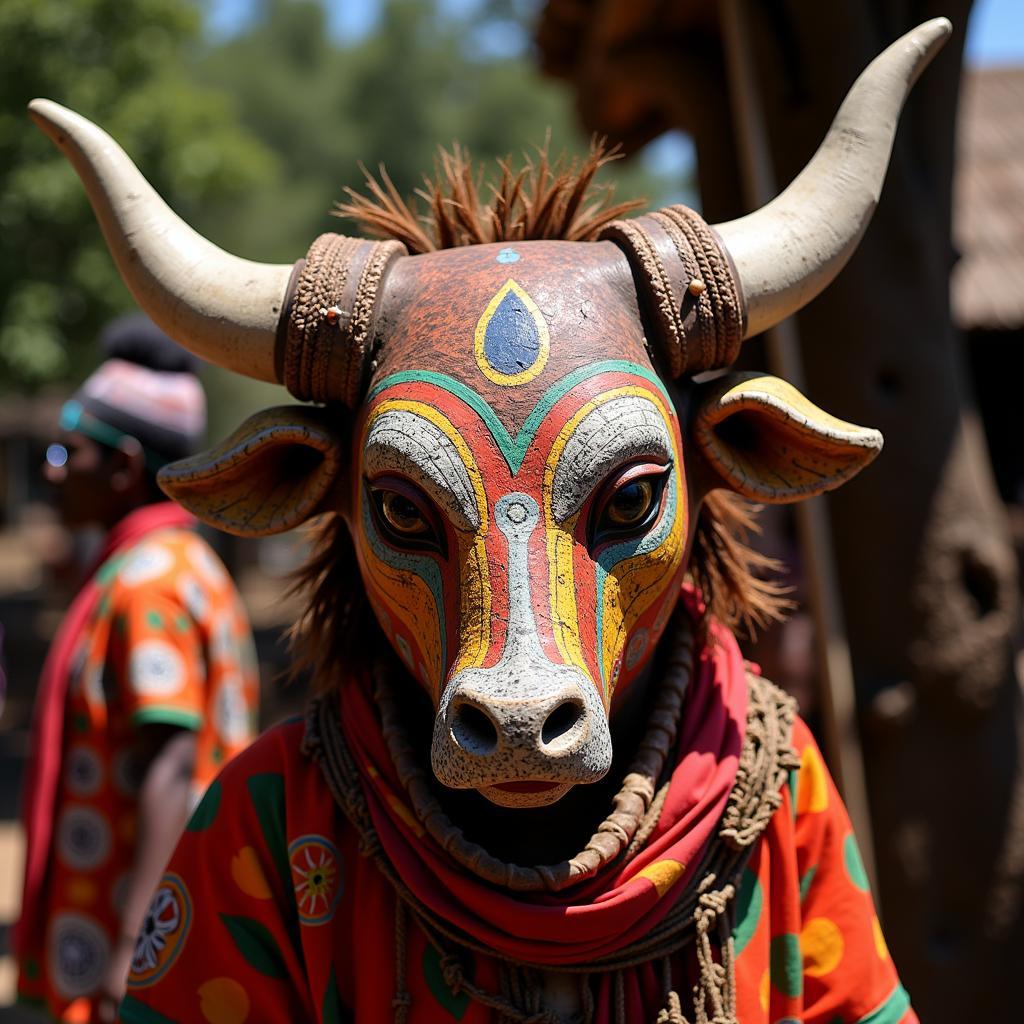 African tribal mask depicting a bull head used in a traditional ceremony