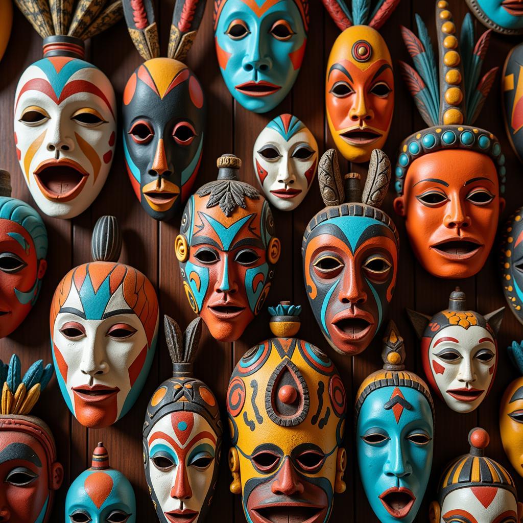 Display of intricately crafted African masks