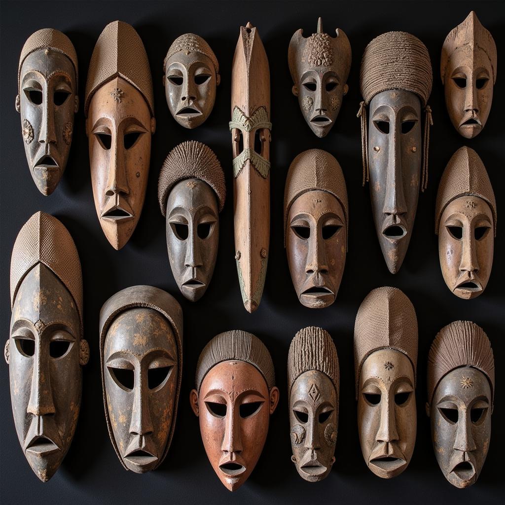 Display showcasing a collection of intricately carved African masks