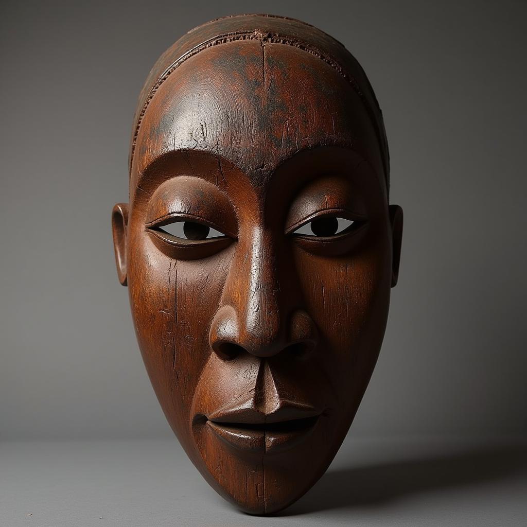 Intricately carved wooden African mask on display