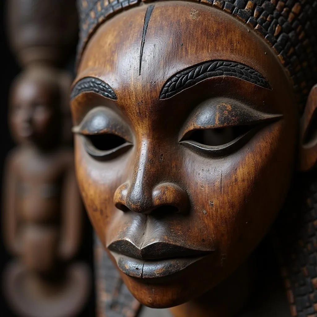 Intricately carved African mask sculpture